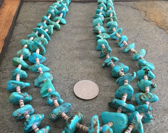 Vintage Native American Navajo Handmade 2 Strand Genuine Turquoise And Heishi Bead Necklace