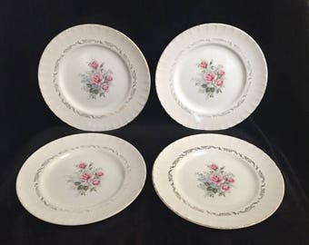 ON SALE Vintage plates set of four English china luncheon plates White Mist Ridgway Staffordshire England pretty pink salad plates set of fo