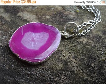 Sale Sterling Silver Pink Druzy Agate Pendant Necklace - STERLING Silver 18" chain - Pink Druzy Pendant Natural Stone Necklace - Boho Chic