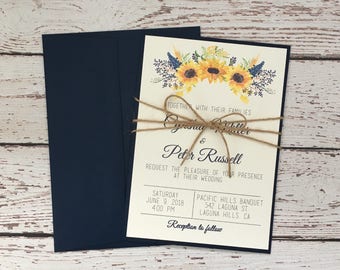Sunflower Invitation Navy Wedding Blue Rustic Sunflower Invitation Navy Wedding Blue Rustic