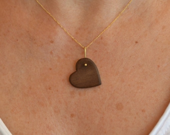 Gold Wood Necklace Dainty Heart Necklace Solid 18k Gold Necklace Soul Sister Necklace Gold Peruvian Necklace Walnut Pendant Greek Handmade