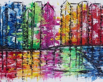 MEDArts Original palette knife painting Abstract Impasto Cityscape ColorfulTexture Buildings White Blue Red Yellow Orange Purple