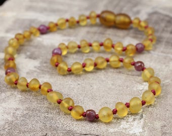 Limited Edition* - July Birthstone - Genuine Baltic Amber Teething Necklace - July Gemstones - Genuine Ruby Gemstones - Ruby Birthstone