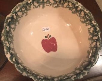 Vintage Green Spongeware Stoneware Large Bowl w/ Apple in Center Bottom. ID# 22-33