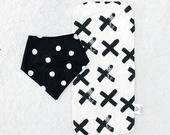 Gender Neutral Baby Set - Monochromatic Burp Cloth - Polka Dot Bib, Monochromatic Baby Set