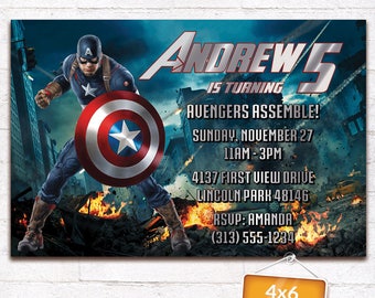 Captain America Invitation Superhero Birthday Party Avengers Marvel Age of Ultron Invite Captain America Card Customized Digital File