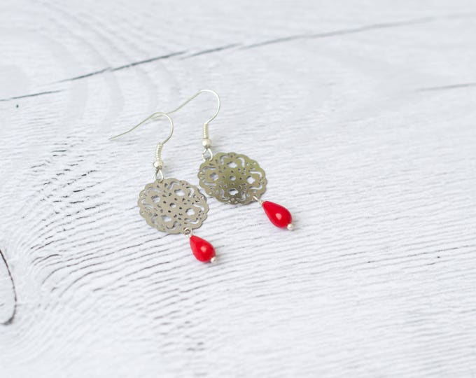 Red coral earrings, Red teardrop earrings, Filigree dangle earrings, Red coral drop earrings, Red earrings dangle