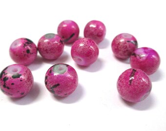 10 pink marbled black glass beads 10mm (S-41)