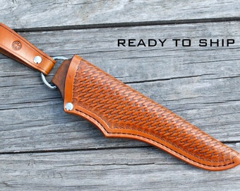 Leather knife sheath; handmade, basketweave stamping, saddle tan - antique effect; knife sheath; custom knife sheath; bushcraft knife sheath