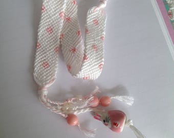 Woven Bookmark with Bunny Bead: White with Pink Dots and a Rabbit Tassel