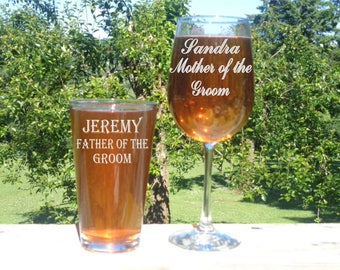 Mother of the Bride and Father of the Bride Glass Set, Mother of the Groom Wine Glass, Father of the Groom Pint Glass, Wedding Glass Set