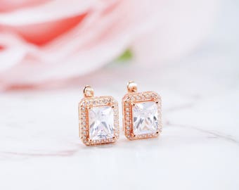 Rose Gold, CZ Earrings, Radiant Cubic Zirconia Earrings, Rose Gold Earrings, Personalised Gift, Bridal Earrings, Wedding Earrings, Custom