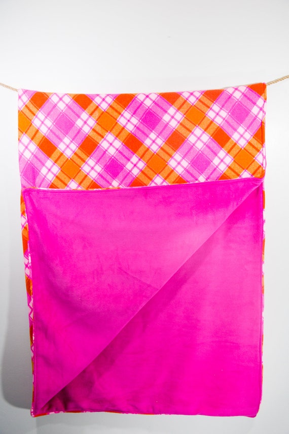 Hot Pink and Orange Fleece Plaid Blanket / Pink and Orange