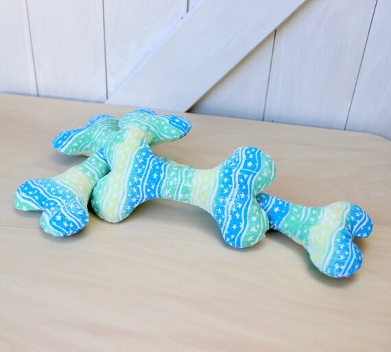 Dog Bone Toy Handprinted Blue Green and Yellow Fabric with