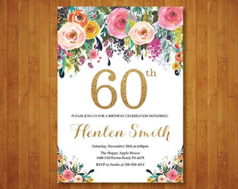 60th Birthday Invitation for women. Floral Birthday Invitation. Gold Birthday Invite. 40th 50th 70th 80th 90th Any Age. Printable Digital.