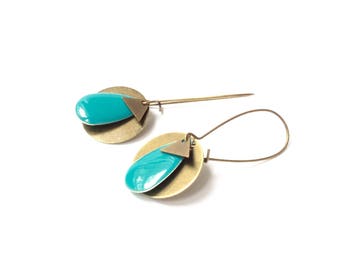 Earrings bronze sequin, sequin blue enamel earrings, drop, Teal sequins sleepers