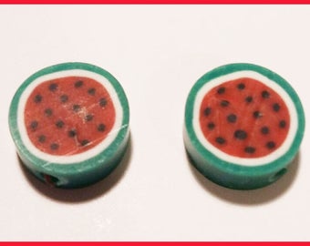 2 watermelon - fimo polymer clay fruit charms beads
