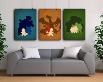 Pokemon poster,Pokemons,Bulbasaur , Charmander, Squirtle Poster Set, Wall art, Gamer gift
