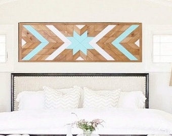 Southwestern Wood Art, Geometric Wood Headboard, Reclaimed Wall Hanging, Beach Art, Rustic Wall Art, Star Wood Quilt, Cottage Chic Art,
