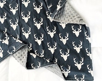 Deer Minky Baby Blanket- Woodland Minky Blanket- Rustic Baby Blanket- Baby Shower Gift- Baby Boy, Deer, Navy Blue, Modern, Stroller, Crib