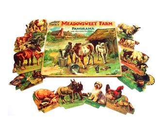 Rare Antique 1900s Father Tuck Panorama Meadowsweet Farm Animals Cow Duck Horse Concertina Story Book Toy Paper Ephemera Raphael Vintage