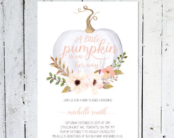 Baby Shower Invitation Girl, Pumpkin Baby Shower Invitation, Girl, Fall, Pink, White, Little Pumpkin, Floral, Printable, Printed