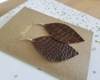 Handmade Leather Earrings - Dark Brown - Reptile Print - 3" x 1.75"