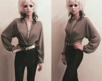 Vintage 70's Gold Silver And Brown Metallic Chevron Button Up Blouse