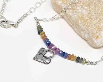 Dainty Multi Sapphire Necklace, September Birthday, Sterling Heart Charm, Ombre Sapphire Necklace, Easter Spring Jewelry, MahiDesigns1