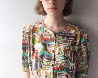 Vintage 80s Dress | 80s Silk Dress Novelty Print | Medium M