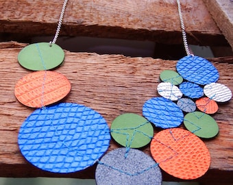 Statement necklace, Bib necklace, lasercut, circle necklace, leather necklace, blue green orange
