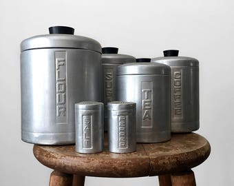 6 Piece, Vintage, 1950's, 1960's, Aluminum, Kitchen, Canisters, Cannisters, Salt n' Pepper Shakers, Set
