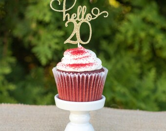 hello 20 cupcake topper, happy 20th cupcake topper, happy birthday, gold glitter topper, twenty birthday topper, birthday cupcake topper