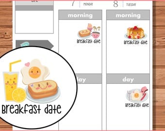 Kiki Kuties Planner Stickers - Breakfast, printable stickers, kawaii, meals, calendar stickers, breakfast date, eggs, coffee, pancakes, meal