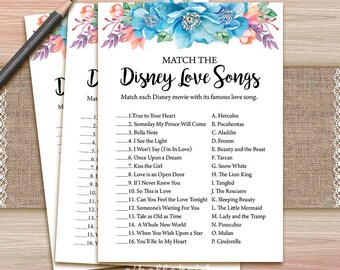 Disney Love Songs Bridal Shower Game - Printable Blue Floral Bridal Shower Disney Love Song Game - Bachelorette Party Games 033