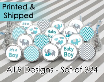 Teal Blue Elephant Boy Baby Shower Favor Stickers for Hershey Kisses - Boy Little Peanut Blue and Gray Chevron Candy Labels - Set of 324