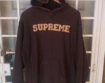 Vintage Supreme hoodie spellout embroidery/large size/made in usa/brown/hip hop/streetwear
