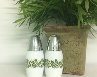 Milk Glass with Green Floral Print Salt & Pepper Shakers, Westinghouse Gemco 1970s, Collectors Set, Gift, Vintage Retro Kitchen Glassware