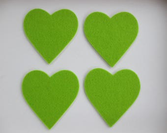 4 felt Laser-cut Stickers heart, lime green.