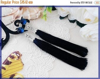 Sale Christmas in July Chandelier blue earrings Dark blue jewelry for girl Textile long earrings Crystal earrings Lady tassel silk jewelry
