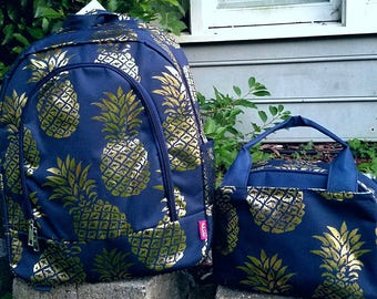 Pineapple Backpack and Lunch bag set in Navy and Gold