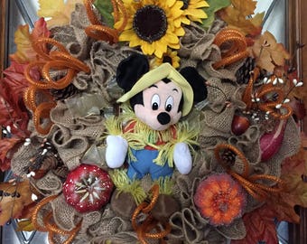 Fall Thanksgiving Scarecrow Mickey Burlap Wreath