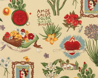 Frida Fabric | Frida Kahlo | Alexander Henry | Folklorico | Mexican | Floral | Sacred Heart | Flaming Hearts | Cactus | Cream | Parchment