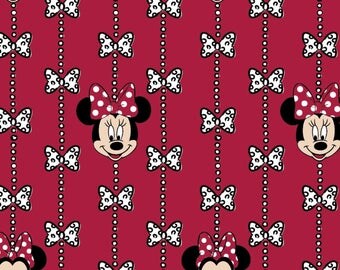 Disney Fabric, Minnie Fabric: Disney Minnie and Bows Monogram Flannel Red 100% cotton flannel fabric by the yard (SC130)