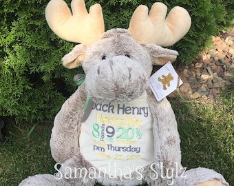 Personalized Jumbo stuffed Moose, Personalized gift, Birth Announcement, Stuffed Animal, Adoption Gift, Shower Gift, Big Sibling gift
