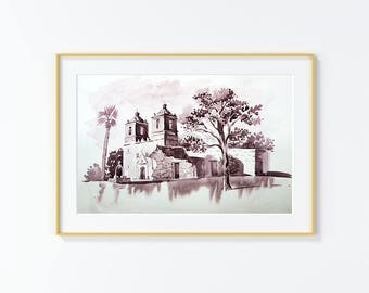 Original Watercolor Painting, San Antonio,Mission , Church, Original Watercolor, landscape