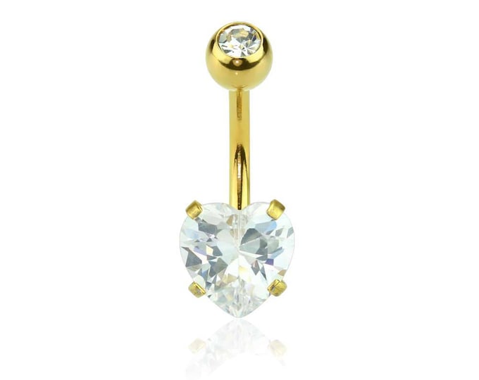 Gold Plated Prong Set Heart CZ 316L Surgical Steel Navel(Belly) Ring