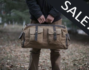 Khaki Canvas Leather Duffel Bag/ Weekender Bag/ Carry-on Bag/ Gym Bag/ Multi-Purpose