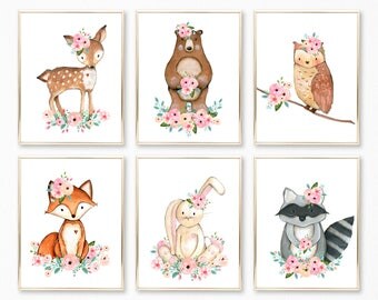 Woodland Nursery Art. Pink and Mint Nursery Decor. Woodland Nursery. Woodland Nursery Decor. Nursery Prints. Girl Nursery Wall Art.
