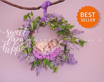 Newborn digital backdrop spring wreath of fresh flowers of Lilac. Instant download digital background. Hires jpg file